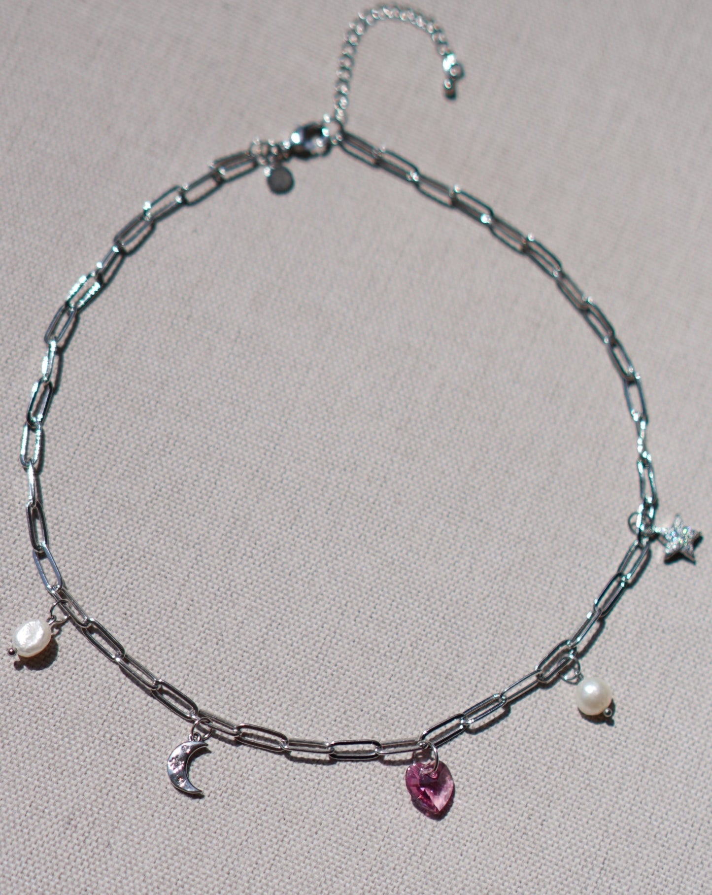 White Gold Filled Paperclip Chain Necklace with Moon, Star, Pink Heart and Pearls