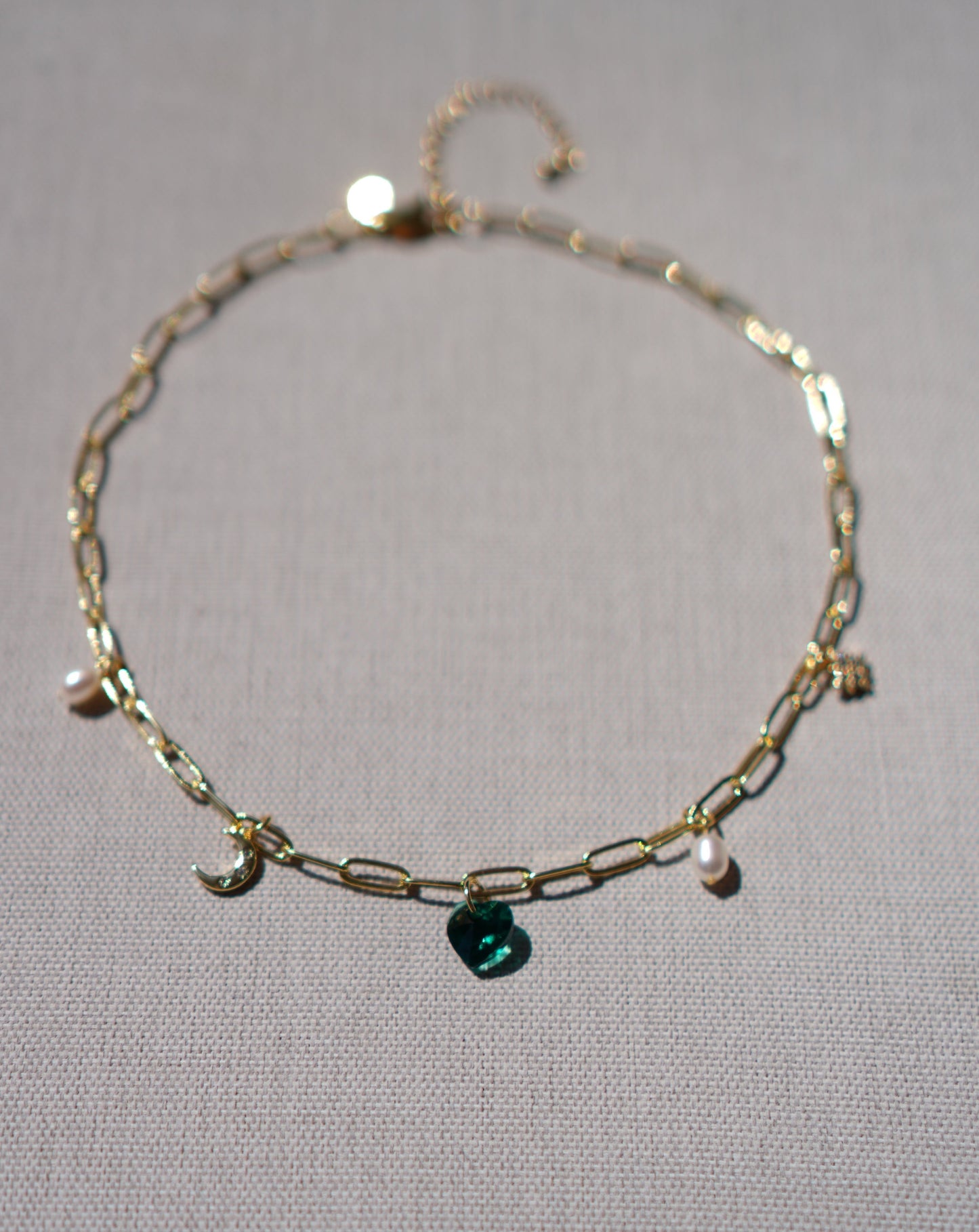 Gold Filled Paperclip Chain Necklace with Moon, Star, Green Heart and Pearls