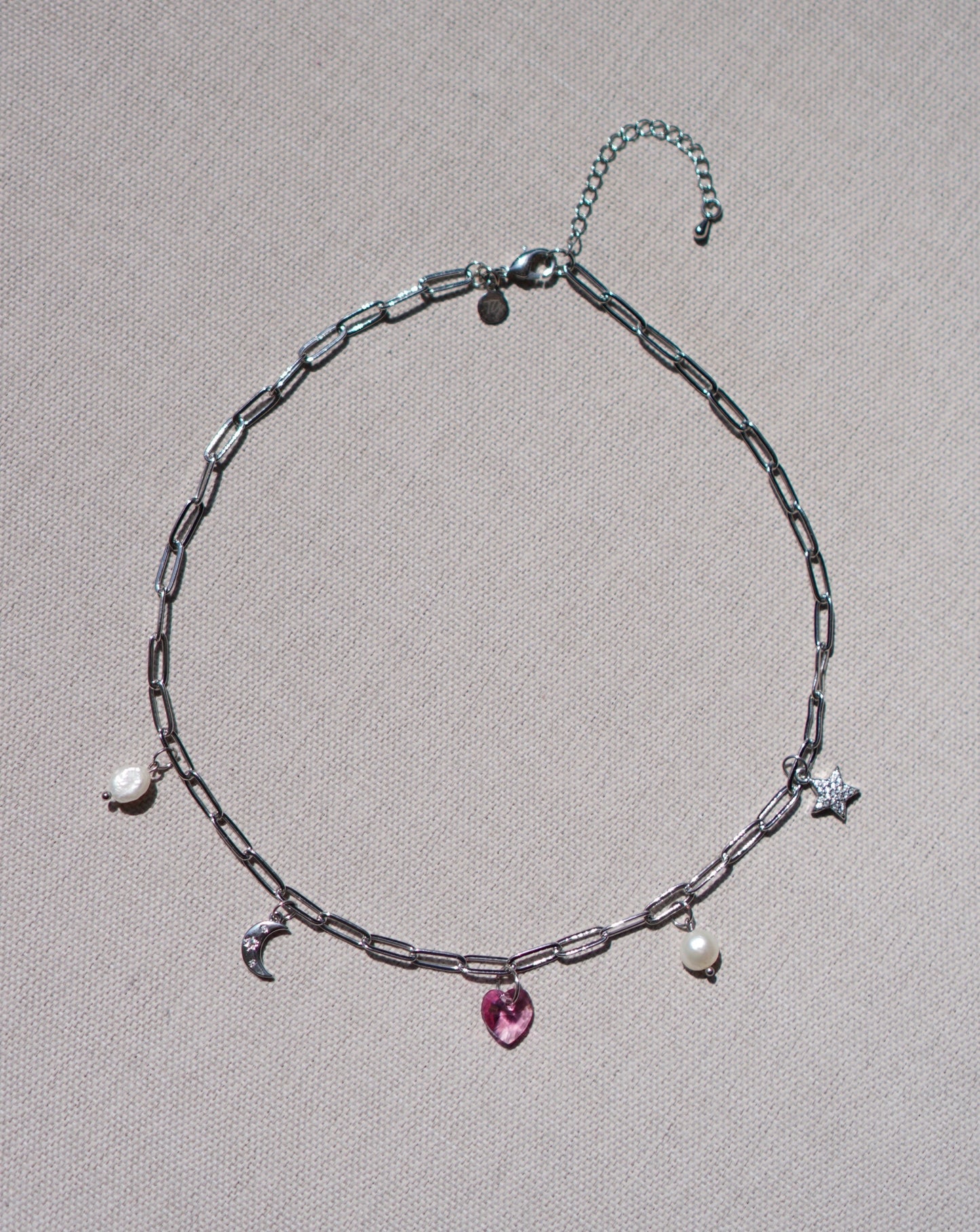 White Gold Filled Paperclip Chain Necklace with Moon, Star, Pink Heart and Pearls