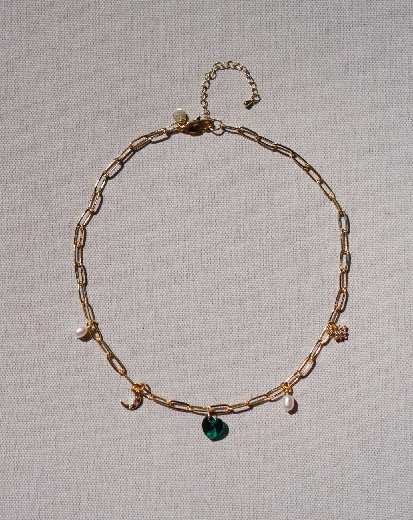 Gold Filled Paperclip Chain Necklace with Moon, Star, Green Heart and Pearls