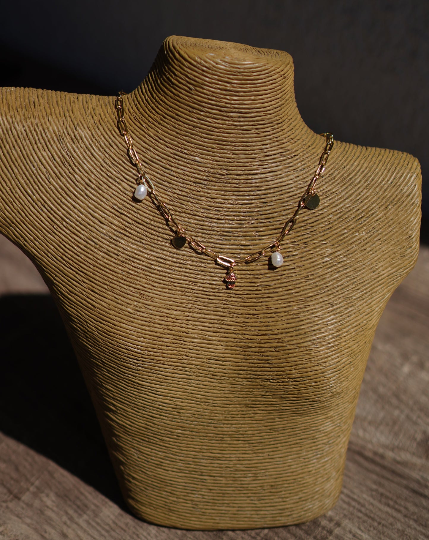 Gold Filled Mushroom Paperclip Chain Necklace with Pearls