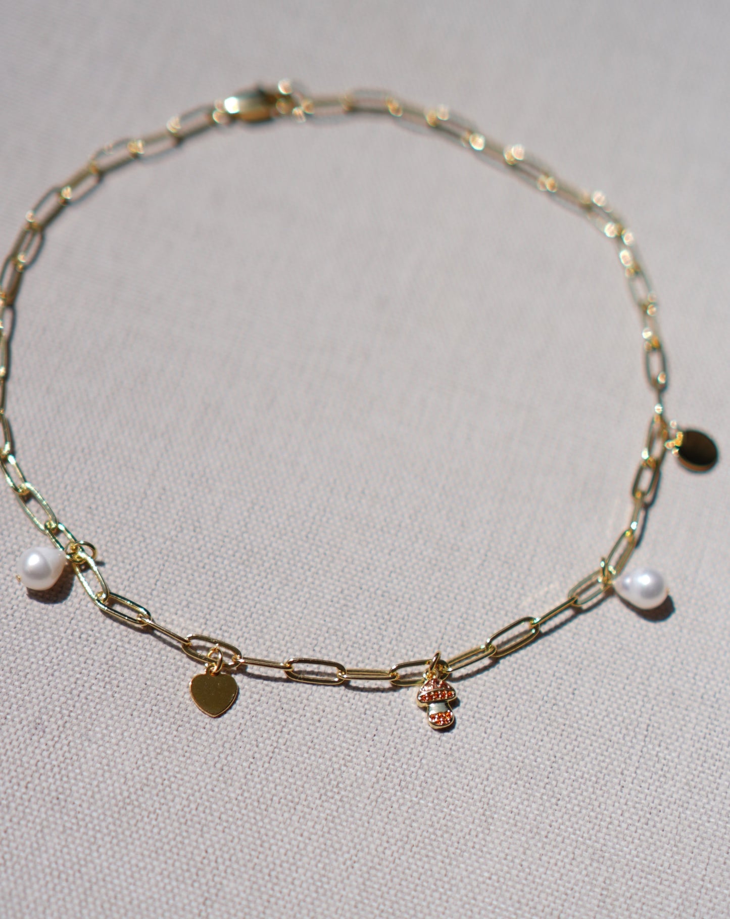 Gold Filled Mushroom Paperclip Chain Necklace with Pearls