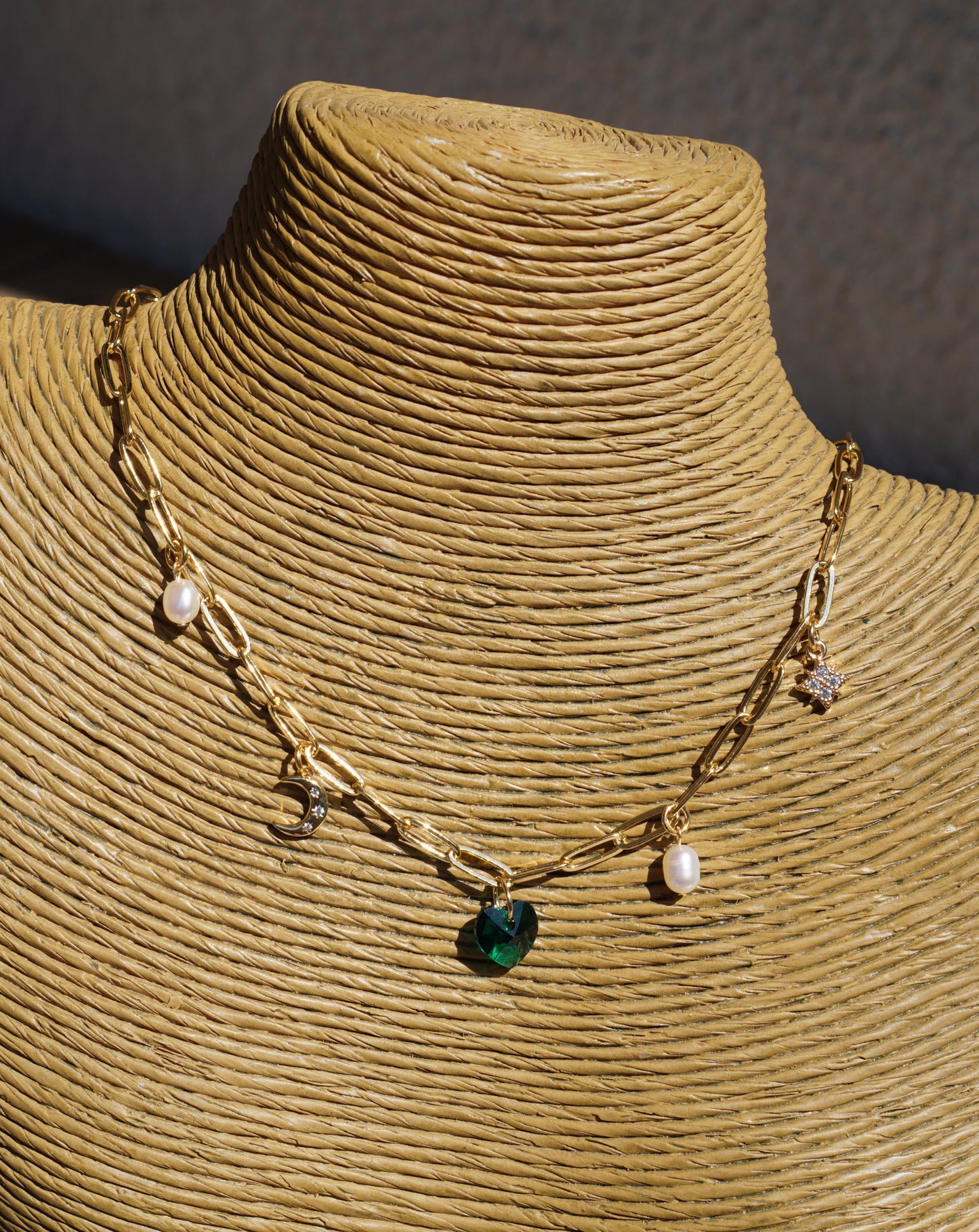 Gold Filled Paperclip Chain Necklace with Moon, Star, Green Heart and Pearls